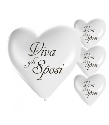 Palloncini bianchi cuore scritta "Viva gli sposi" - Ø 25 cm - 50 pezzi